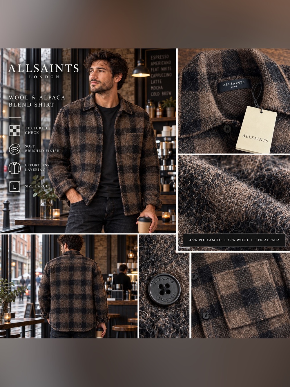 AllSaints Ash Cardigan Men's Plaid Wool Alpaca Shirt Jacket Large